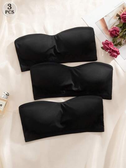 3 piezas Sujetadores bandeau sin costuras negros, sujetadores sin tirantes para mujeres