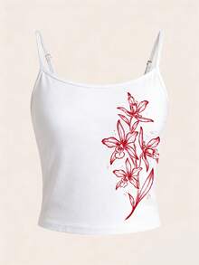 Attitoon Camiseta de tirantes ajustada y casual con estampado floral, color blanco - Multicolor - Ver 3