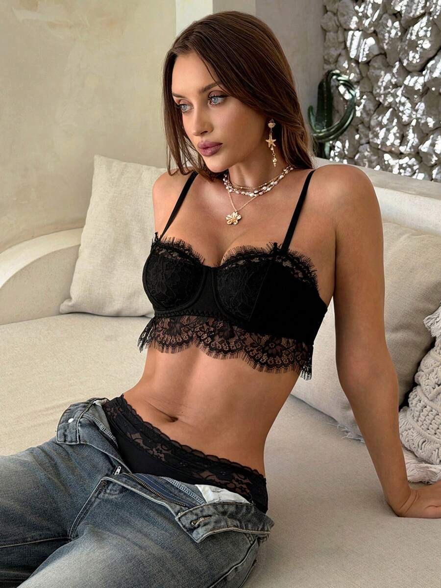 Aloruh Ladyly, Sexy, Lace, Home Use, Casual, Vacation, Spring, Black 3/4 Gathered Bralette, Lace French Wireless Bralette Underwear Outer - Black - View 1