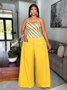 SOLERSUN Conjunto de camiseta de tirantes a rayas y pantalones de cintura elástica de unicolor, adecuado para el Día de San Valentín, talla grande - Amarillo - Ver 1