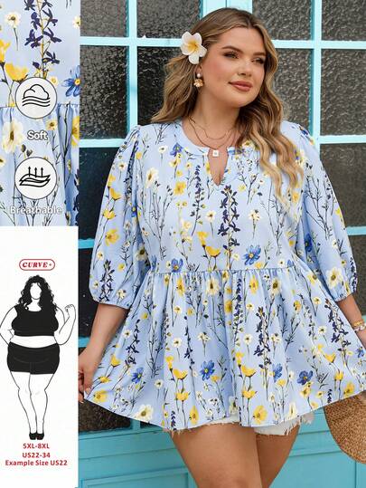 SHEIN CURVE+ Plus Size Women's Floral Print V-Neck Doll Shirt Loose Fit Shirt