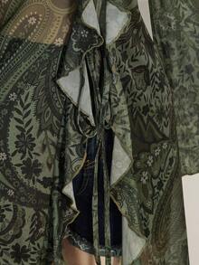 SHEIN ICON Plus Size Women Paisley Pattern Red Tie Front Blouse - Green - View 9