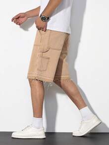 Chillumni 男士夏季新款卡其色时尚工装流苏牛仔短裤，水洗休闲牛仔短裤 - 卡其色 - 查看 3