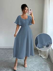 Modelyn Đầm mùa hè kiểu Pháp dành cho nữ, màu vàng bơ trơn, chất liệu chiffon, thiết kế tay bồng. - Xám Xanh - Xem 3