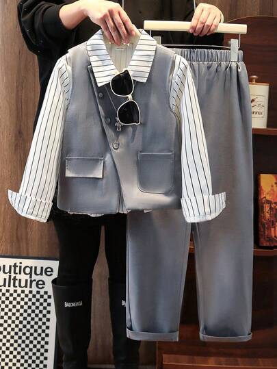 SHEIN Conjunto de 2 piezas para niño pequeño estilo caballero, diseño minimalista de unicolor con chaleco + pantalones, atuendo formal para fiesta de cumpleaños, boda, graduación, aniversario
