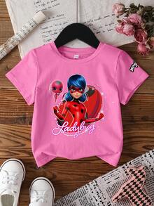 Miraculous Ladybug X SHEIN Áo thun tay ngắn cổ tròn in chữ hoạt hình dành cho bé gái, kiểu dáng thường ngày, đa năng. - trắng - Xem 1