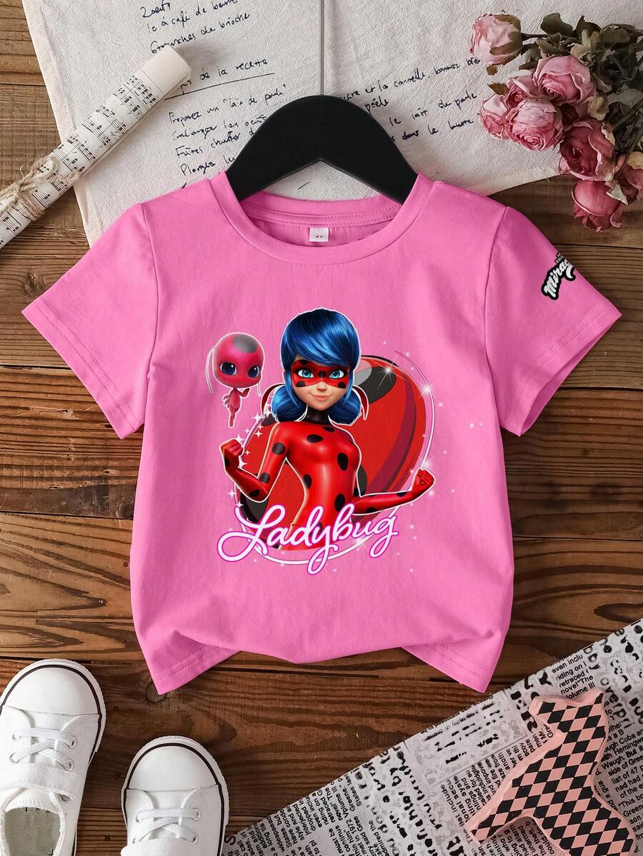 Miraculous Ladybug X SHEIN Áo thun tay ngắn cổ tròn in chữ hoạt hình dành cho bé gái, kiểu dáng thường ngày, đa năng. - trắng - Xem 1