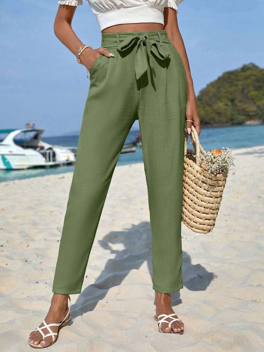 EURMUSE Solid Tie Front Trousers - Mint Green - View 1