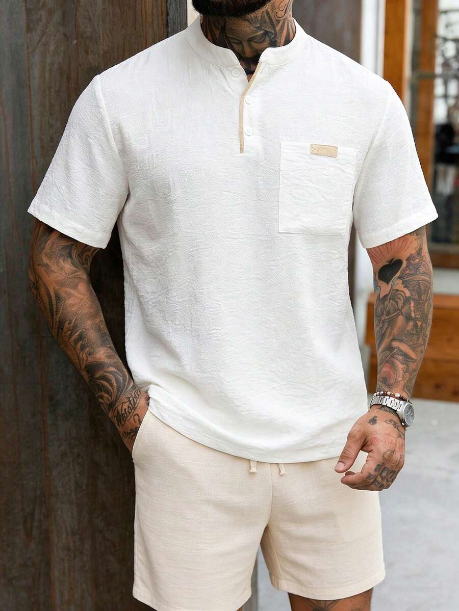 Manfinity Homme 男士纯色贴袋夏季休闲多功能短袖衬衫 男士沙滩亚麻衬衫 - 白色 - 查看 1