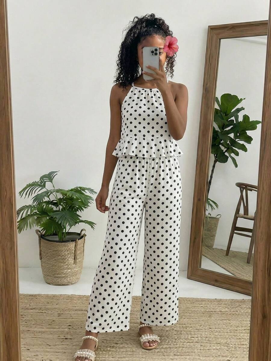 SHEIN 2 piezas Conjunto informal de niña con top sin mangas a lunares y pantalones de pierna ancha, conjunto de verano con botones de gota, dobladillo con volantes, ajuste relajado para la playa, vacaciones - Blanco - Ver 1