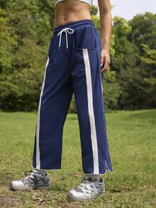 In My Nature Women's Woven Low-Stretch Contrast Color Cropped Running Pants - Navy Blue - View 3