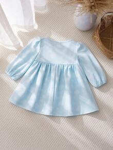 BABY SHARK X SHEIN Đầm tay phồng in hình cá mập dễ thương, kiểu dáng thường ngày cho bé gái mùa xuân. - Màu xanh lam - Xem 2