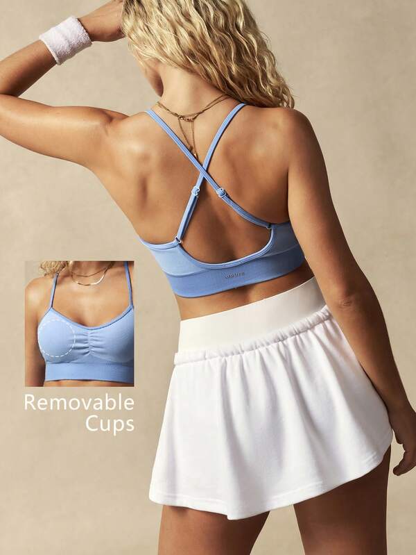 VARSITIE 女士简约纯色褶皱前交叉后背运动文胸，夏季款