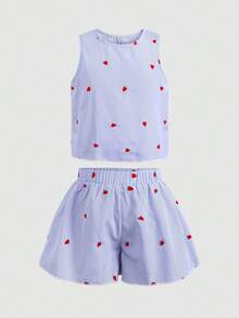 SHEIN Tween Mädchen Lässig Urlaub Minimalistisch Herz Stickerei Blau & Weiß Gestreift Rüschen Rücken Schleife Tanktop & Shorts 2-teiliges Set KINDER - Blau - Übersicht 3