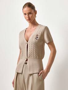 Briarwyn Áo khoác cardigan tay ngắn dệt xoắn kiểu gấu bông dành cho nữ, phong cách thường ngày. - Màu be - Xem 6