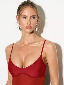 KIZN Bộ đồ bơi một mảnh cổ chữ V sâu phối lưới đi biển, đi hồ bơi, đi nghỉ hè - Đỏ - Xem 5