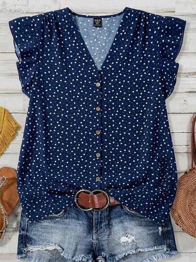 SHEIN Clasi Blusa de mujer de verano con cuello en V y mangas cortas con estampado floral