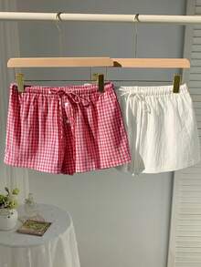 Comfortcana Women's Cute Red And White Checkered Linen Shorts 2 Pieces Set, Summer Home, Spring Vacation Beach Wear, Comfortable Plaid Drawstring Shorts - Multicolor - View 5