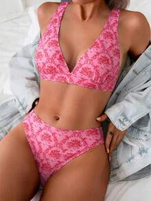 Swim Mod 女士夏季沙滩碎花比基尼两件式泳衣 - 粉色 - 查看 1