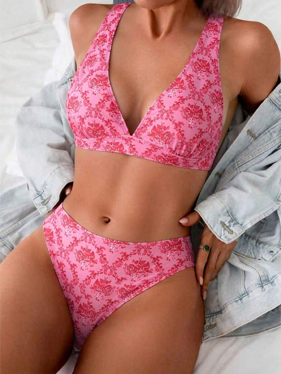 Swim Mod 女士夏季沙滩碎花比基尼两件式泳衣 - 粉色 - 查看 1