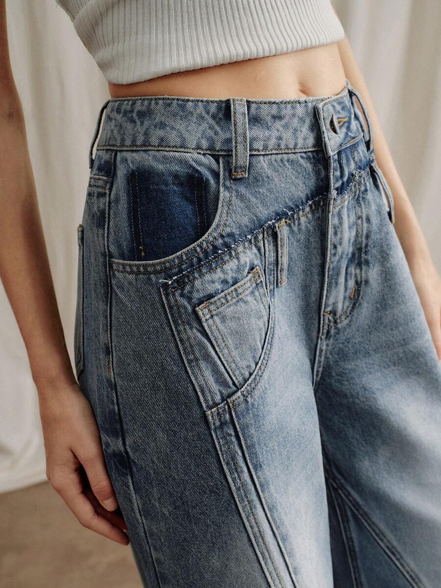 Anewsta Women's Elegant Romantic Vacation Party Blue Patchwork Straight Leg Jeans, Spring/Summer - Blue - View 1