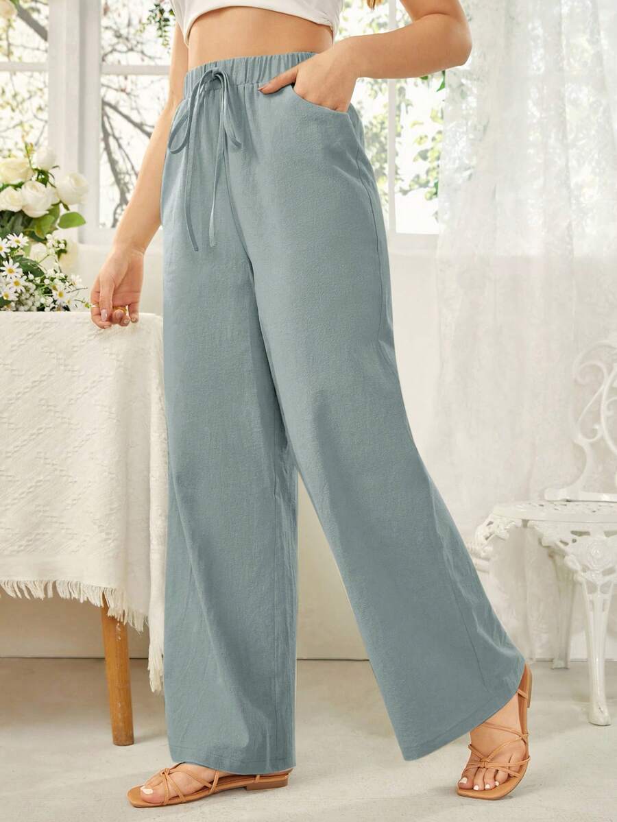 SHEIN Essnce Quần ống rộng màu trơn dành cho nữ, có dây rút, túi, phù hợp cho phong cách nghỉ mát mùa xuân. - Màu xanh bụi bặm - Xem 1