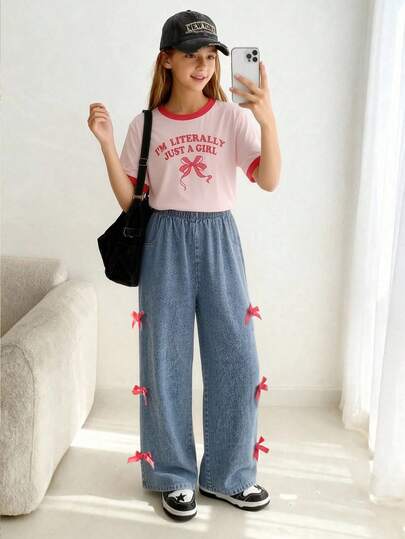 SHEIN Tween Girls Fashionable Bow Short Sleeve T-Shirt Co-Ord Set