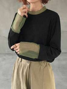 FRIFUL Kaos Kasual Longgar Serbaguna dengan Motif Polka Dot Transparan dan Patchwork Warna Polos - Hitam - View 4