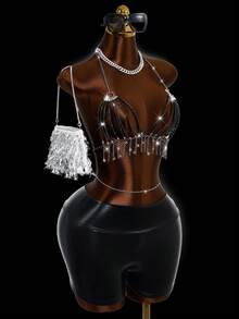 BamGleam Camiseta sin mangas con cadena de strass calada para mujer, camiseta de primavera/verano, para graduación, fiesta, playa, estilo Y2K, con lentejuelas y strass brillantes, adecuada para fiestas, carnavales, clubes, con diseños holográficos e iridiscentes, de malla neón, para bares y discotecas, conjunto de lentejuelas y strass, traje de baño negro con cadena para el Body, corsé para mujer, traje de espectáculo - Negro - Ver 5