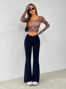 SHEIN PETITE Quần ống loe cạp cao màu trơn đơn giản - Màu xanh hải quân - Xem 4