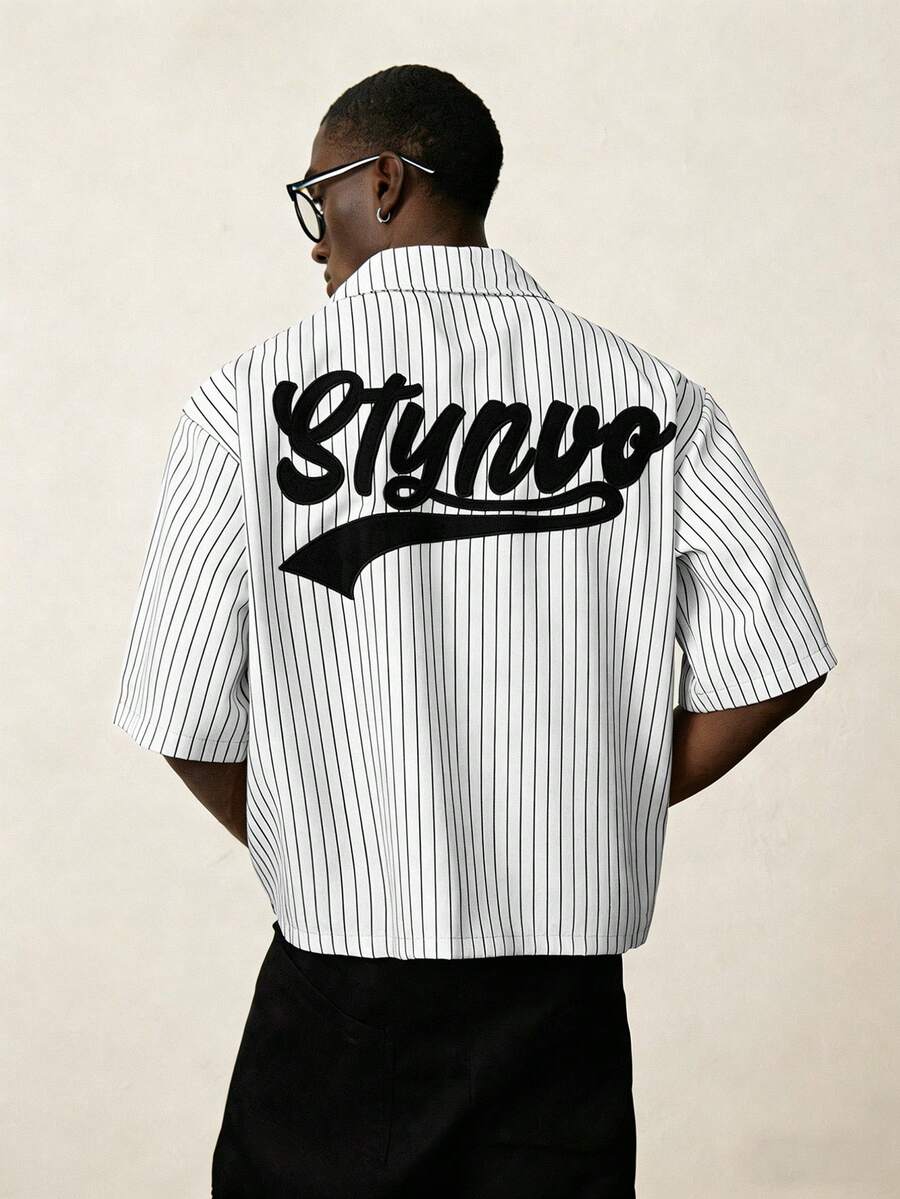 STYNVO 男士字母刺绣条纹短袖单排扣衬衫 - 白色 - 查看 1