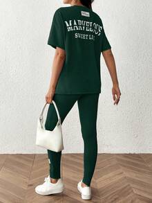 SHEIN 2pcs Maternity Letter Print T-Shirt And Leggings Set - Dark Green - View 3