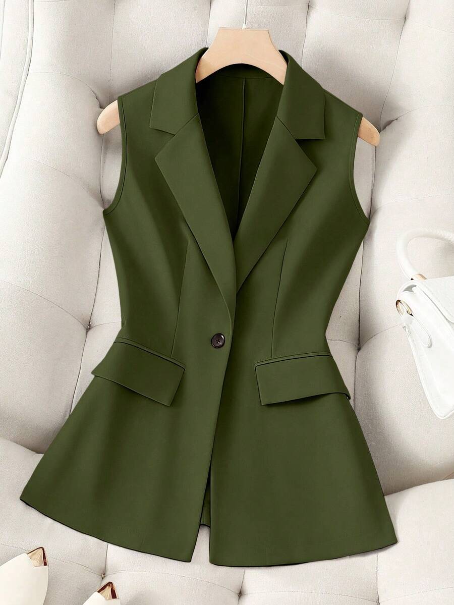 Franclia Women's Solid Color Minimalist Sleeveless Vest, Elegant Lady Style - Army Green - View 1