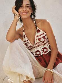 SoleilVie Áo croptop nữ tối giản đan móc họa tiết cỏ ba lá khoét rỗng cổ yếm - Cà phê nâu - Xem 5