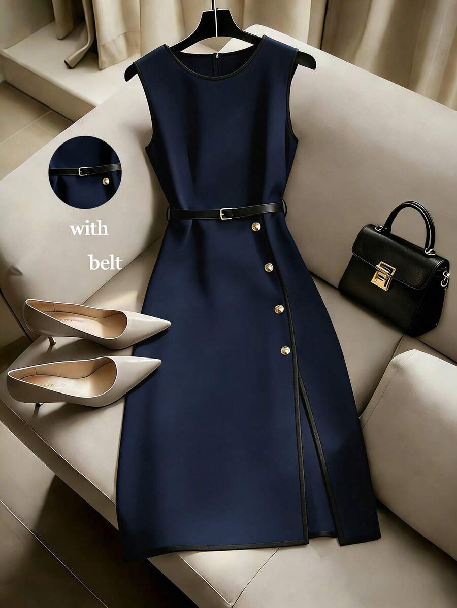 Franclia Casual Versatile Minimalist Round Neck Black Trim Belt Apricot Color Sleeveless Dress, Spring/Summer - Navy Blue - View 1