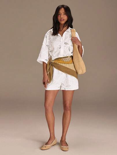 Athîral 女士花卉镂空刺绣短袖休闲连体裤