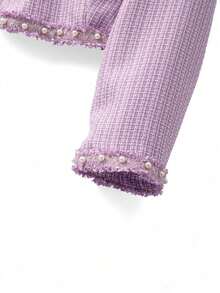 GlowEve CURVE 两件套加大码女式优雅黑色撞色珍珠串珠饰边V领长袖开衫外套和圆领珍珠装饰长款连衣裙套装，适合秋冬季休闲、通勤、派对等场合。 - 紫色 - 查看 7