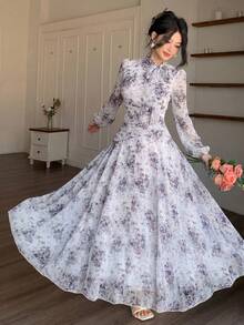 Modelyn 女士紫色系带领褶皱腰身连衣裙，适合春秋季户外穿着 - 紫色 - 查看 1