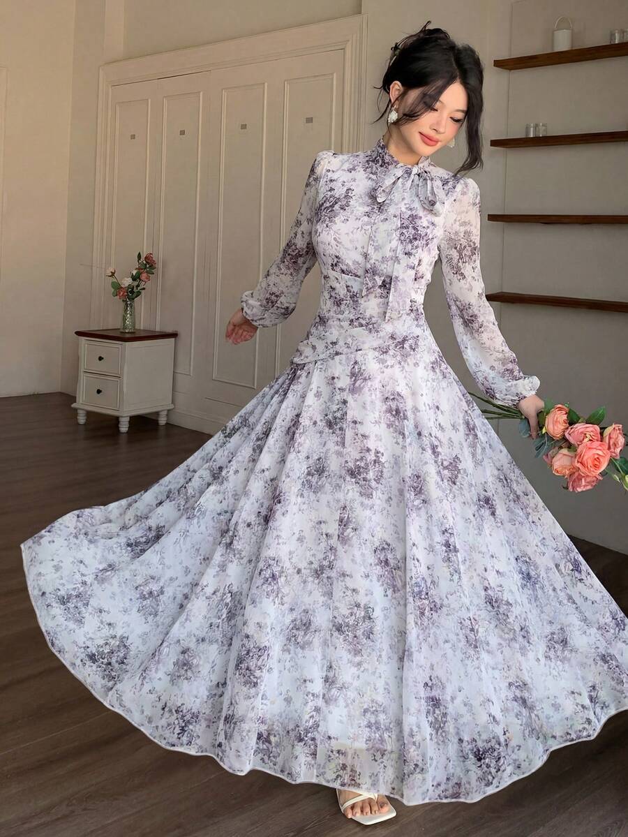 Modelyn 女士紫色系带领褶皱腰身连衣裙,适合春秋季户外穿着 - 紫色 - 查看 1