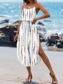 Sylviya 女士扎染条纹细肩带腰开衩连衣裙，透气面料，适合夏季 - 彩色 - 查看 4