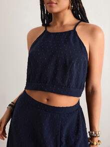 Freevana Plus Size Summer Boho Navy Blue Holiday Vacation 2 Pieces Set, Women's Polka Dot Strappy Off-Shoulder Cropped Top&High Slit Skirt Brunch Outfits Dresses - Royal Blue - View 7