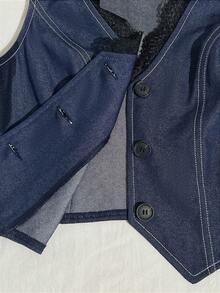 Elamini Women's Waist-Cinching Short Vest Jacket, Deep V-Neck Lace Slit Denim Effect Lightweight Outerwear, Spring/Summer Women's Vest Tops Women Casual Outfits - Blue - View 3