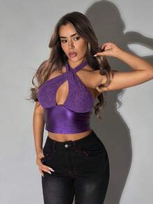 SHEIN ICON Women's Contrast Lace Hollow Out Halter Cropped Tank Top - Purple - View 1