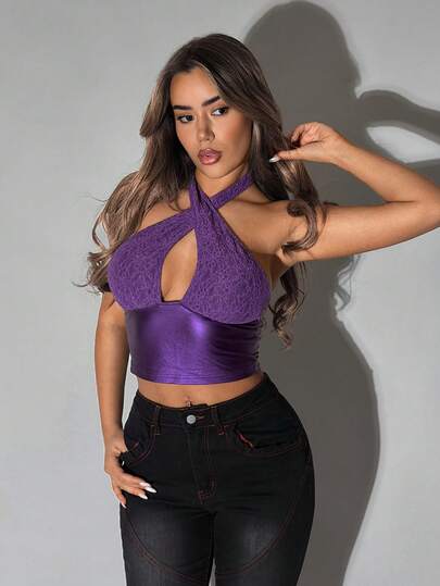 SHEIN ICON Women's Contrast Lace Hollow Out Halter Cropped Tank Top