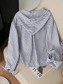 Resyla New Blue Striped Loose Hooded Shirt, Sun Protection - Dusty Blue - View 2
