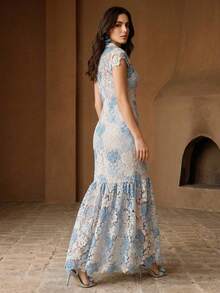 Anewsta Blue & White Contrast Color Lace Mermaid Hem Bodycon Dress - Blue and White - View 2