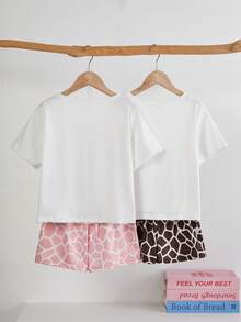 Girls Cute Giraffe & Cow Print Short Sleeve Shorts Pajama Set - Multicolor - View 2