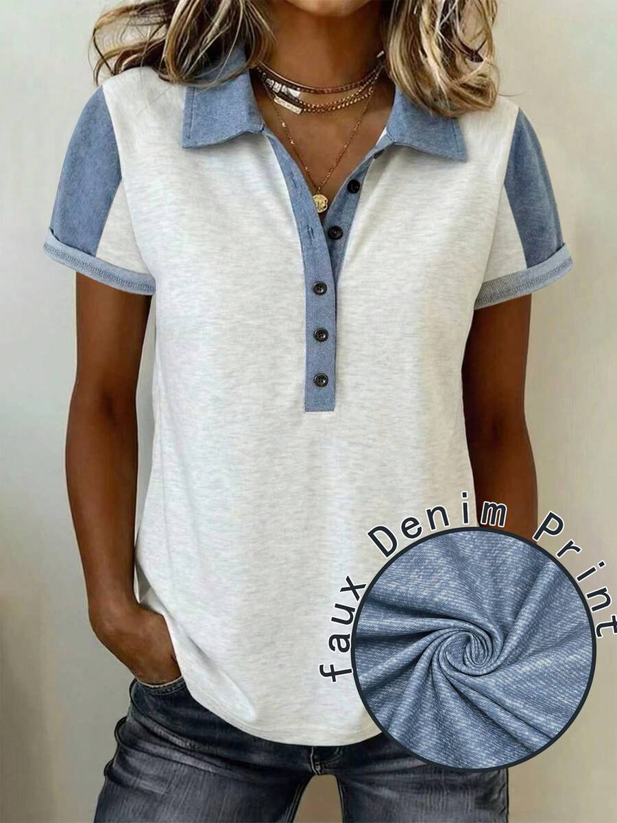 EMERY ROSE Casual Colorblock Denim Effect Short Sleeve T-Shirt, Summer - Multicolor - View 1