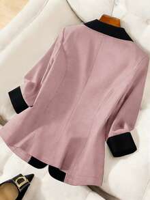 SHEIN LUNE 女款對比色翻領七分袖薄款西裝外套，馬卡龍色優雅性感辦公室高爾夫秋季商務休閒工作穿搭夏季西裝 - 粉色 - 查看 2