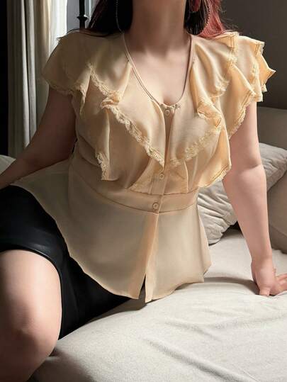 Vibekara Áo sơ mi nữ cỡ lớn màu trơn, viền bèo nhún, kiểu dáng thường ngày, đa năng.